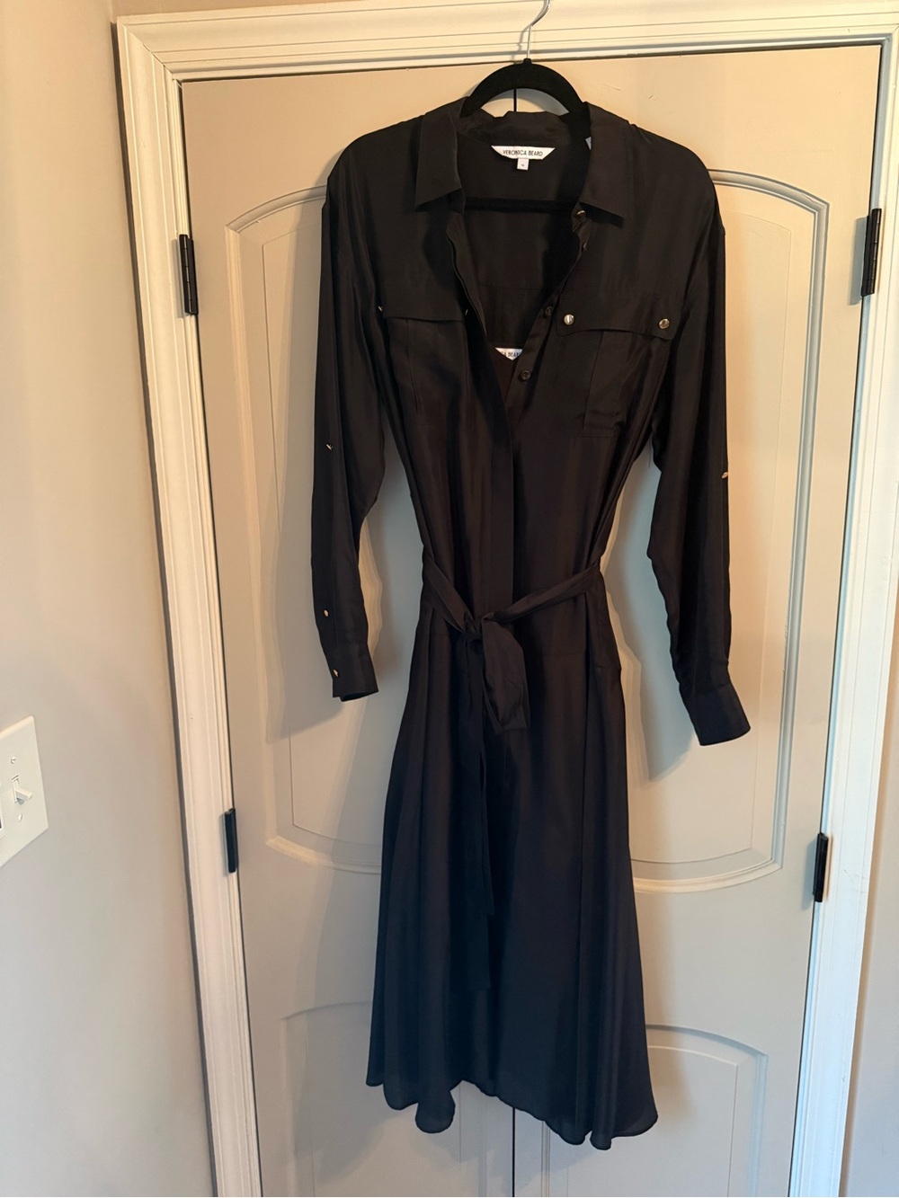 Veronica Beard Black Midi Silk Shirt Dress with Tie Waist